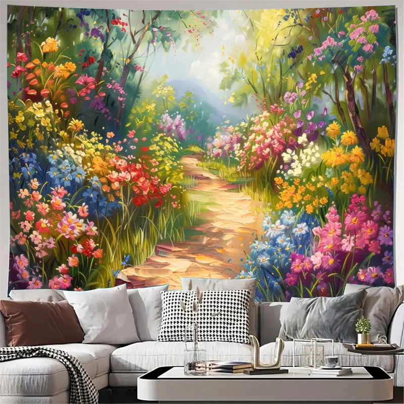 Vibrant Floral Tapestry Wall Hanging Spring Garden Meadow Landscape Art Fabric Home Decor Boho Bohemian Living Room Decoration