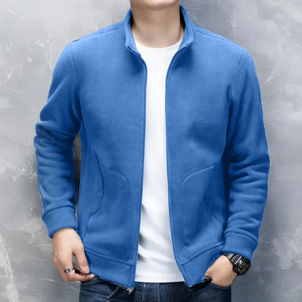 Men Jacket Men's Polar Fleece Jacket with Stand-up Collar Zipper Closure Winter Coat Thickened Warm Outerwear with Pockets Long