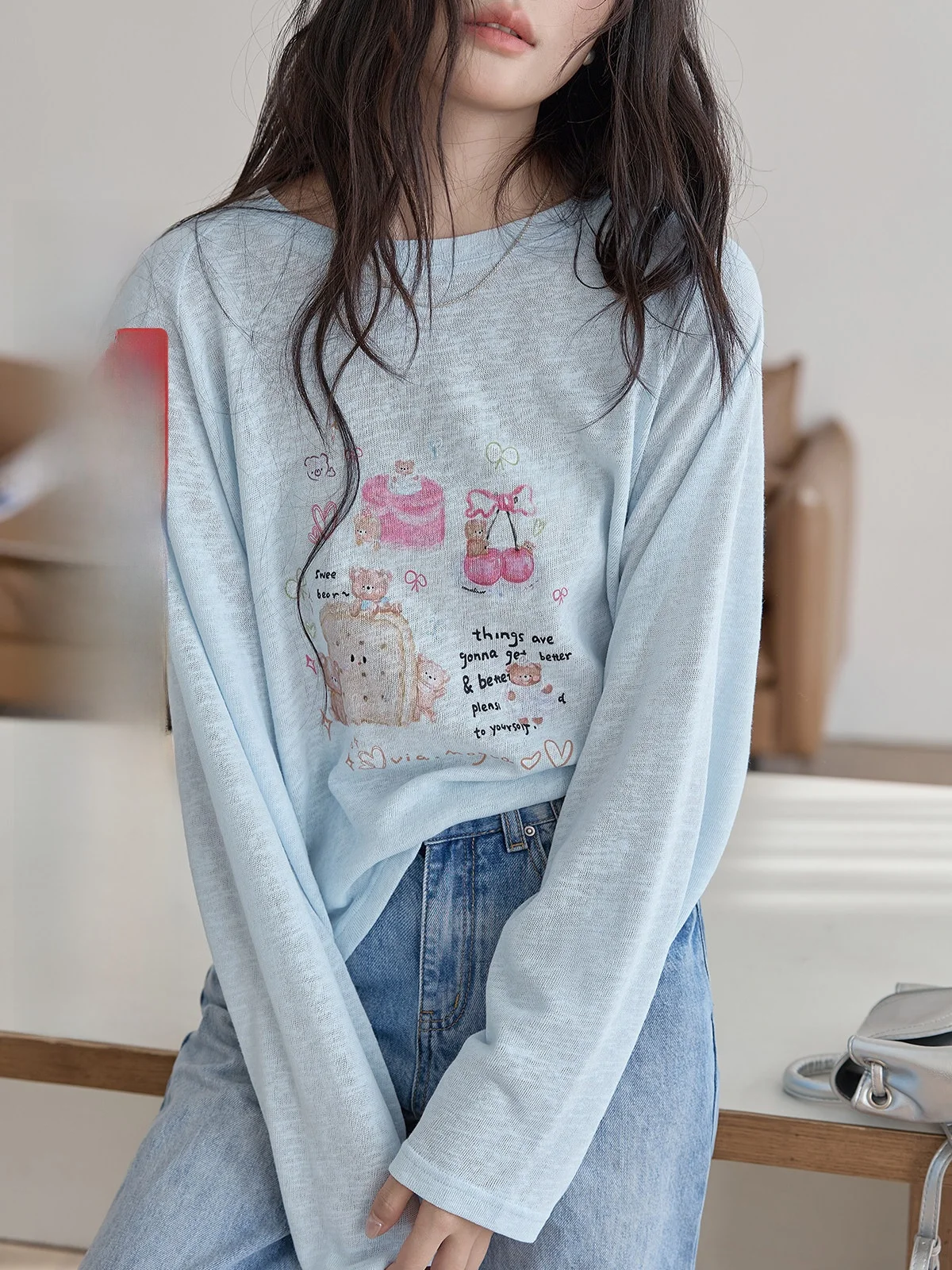 

Синяя женская футболка с длинным рукавом, свободного кроя, с принтом, весенняя новинка, антивозрастная, универсальная, серия HuiXi Ding, с круглым вырезом