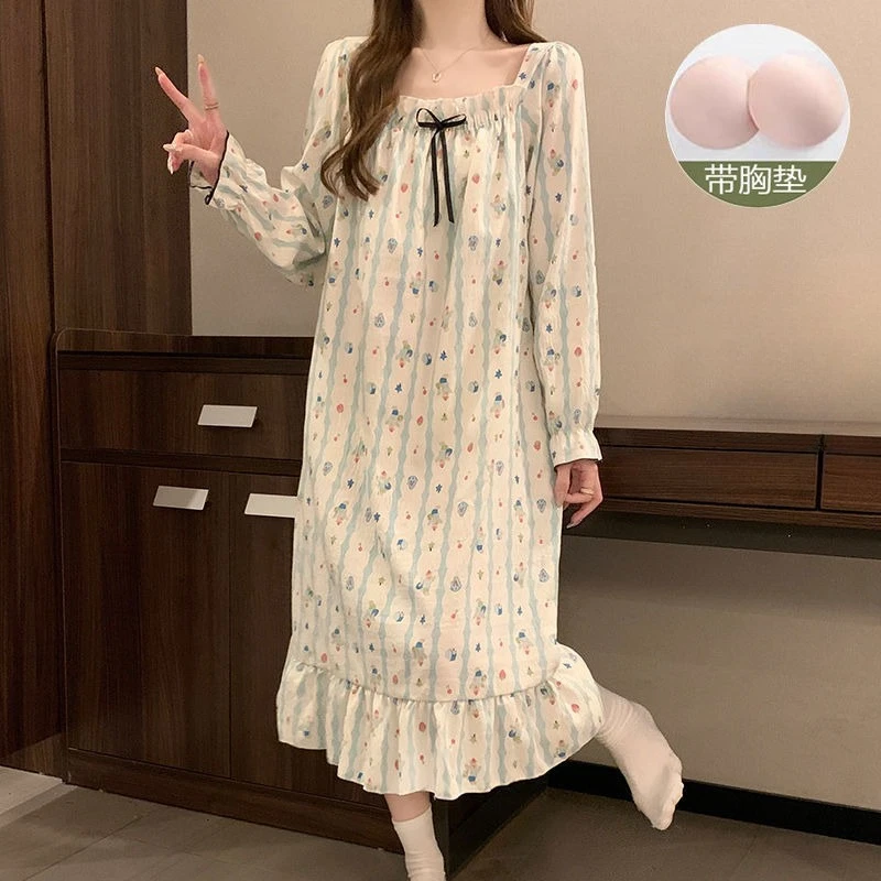 New Teen Girls Spring Autumn Padded Sleepwear Woman Student Long-sleeve Nightdress Loose Homewear Lady Casual Loungewear Women