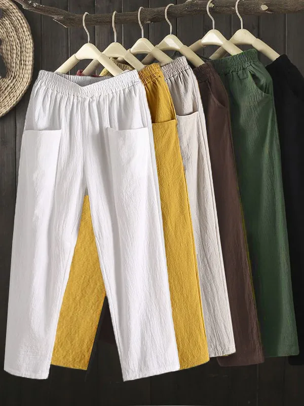 Cotton Linen Casual Pants Women's Thin New 2025 Loose Harlan Nine Points Pants Mom's Casual Trousers High Waist Elastic
