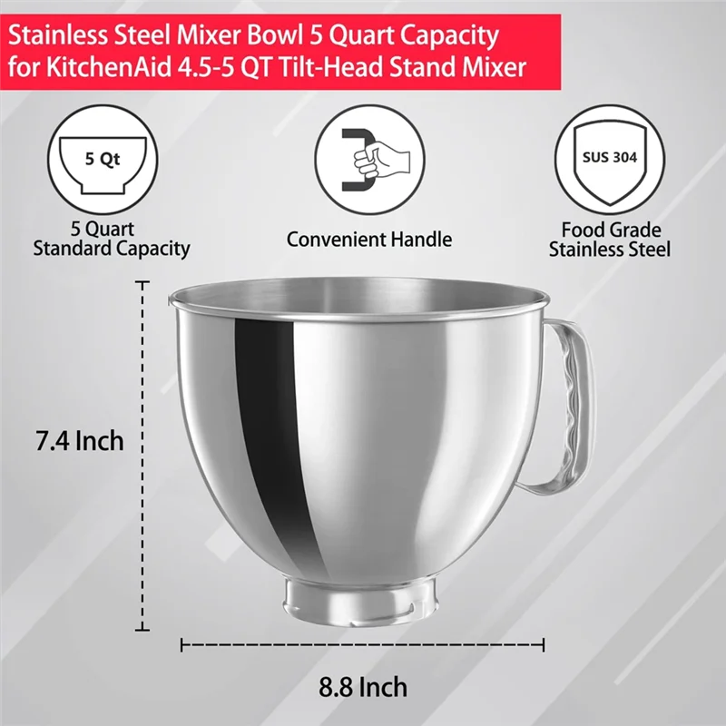 Stainless Steel Bowl for KitchenAid Classic&Artisan Series 4.5-5 QT Tilt-Head Mixer, 5 Quart 304 Stainless Steel Bowl