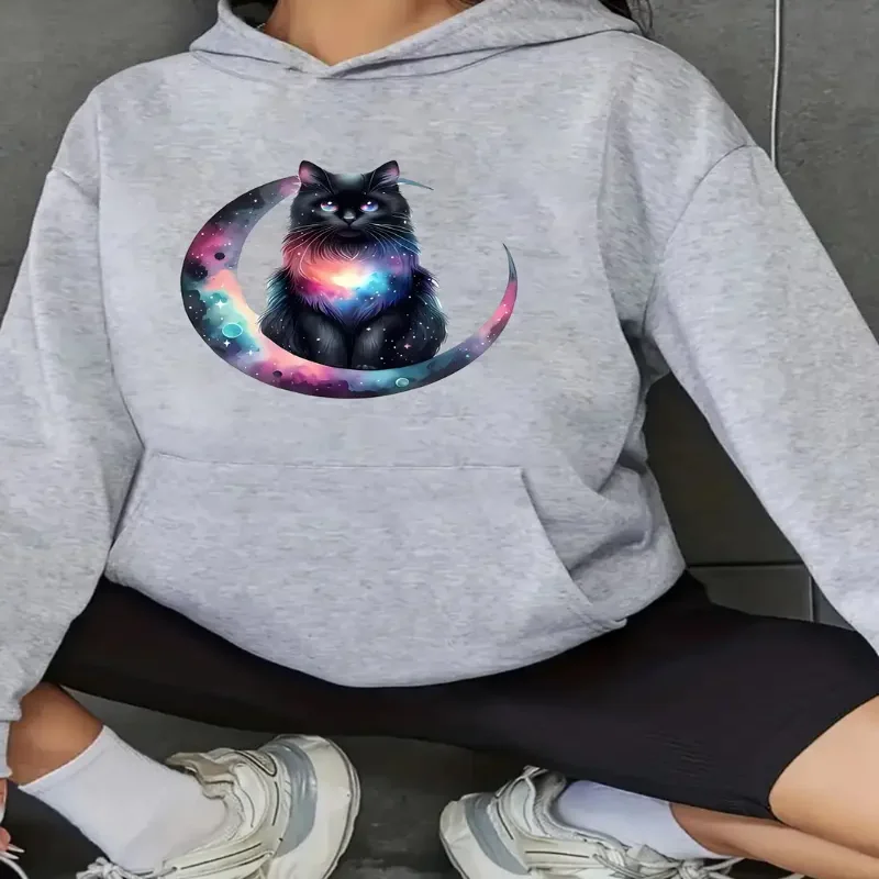 

Galaxy Cat Print Hoodie Casual Streetwear Comfortable Pullover Kangaroo Pocket Womens Print Autumn Winter Season Daily Wear