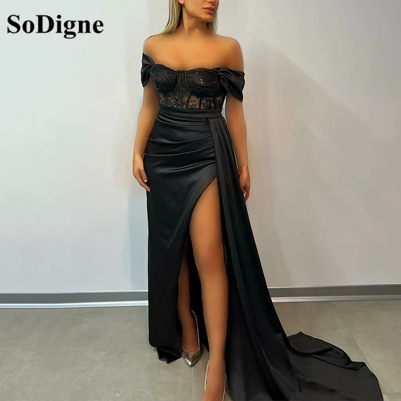 

SoDigne Black Elegant Off The Shoulder Lace Mermaid Prom Dress Side Split Satin Corset Party Gowns Formal Evening Dress