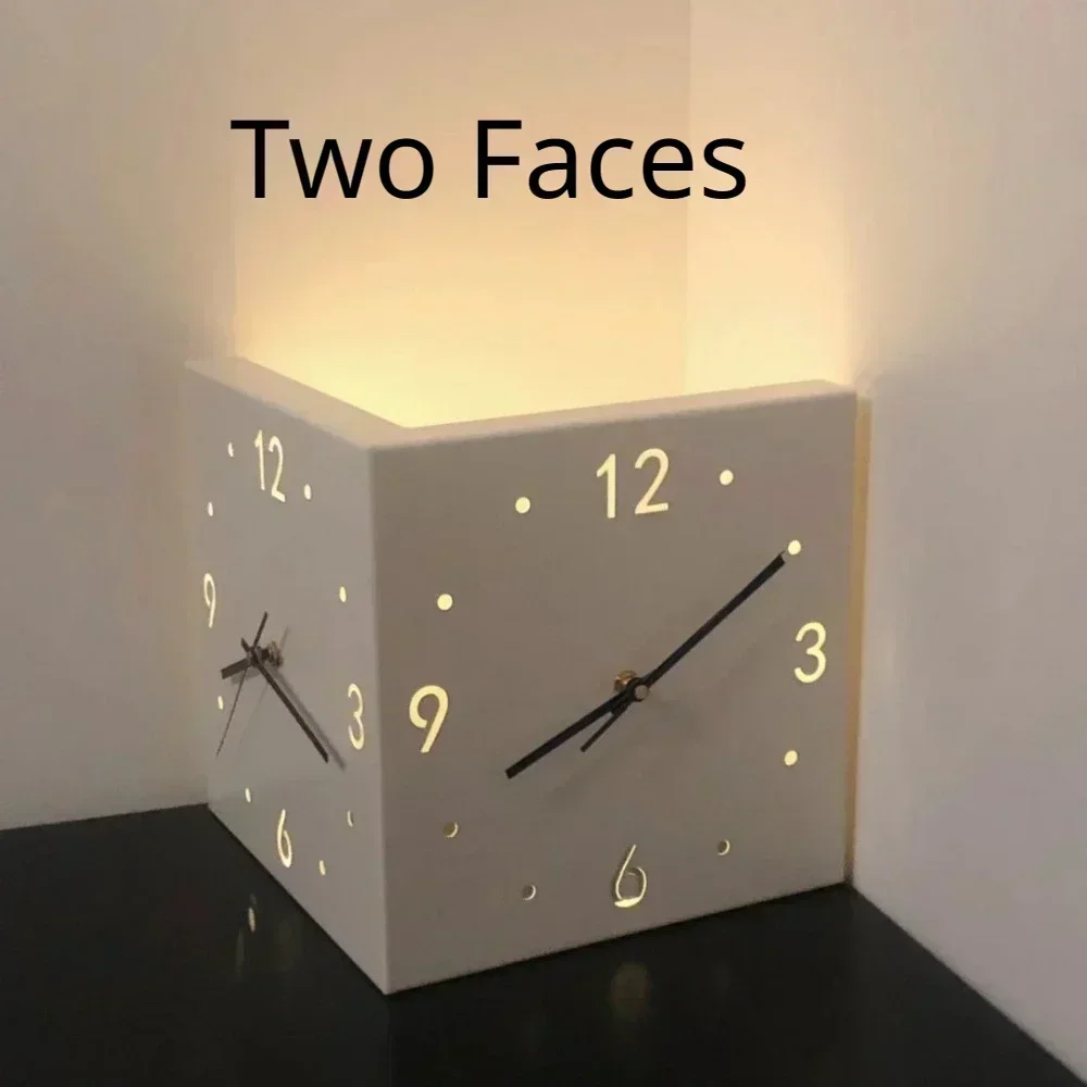 Inductive luminous corner clock, square living room, double-sided clock, iron digital hollowed out double-sided wall clock