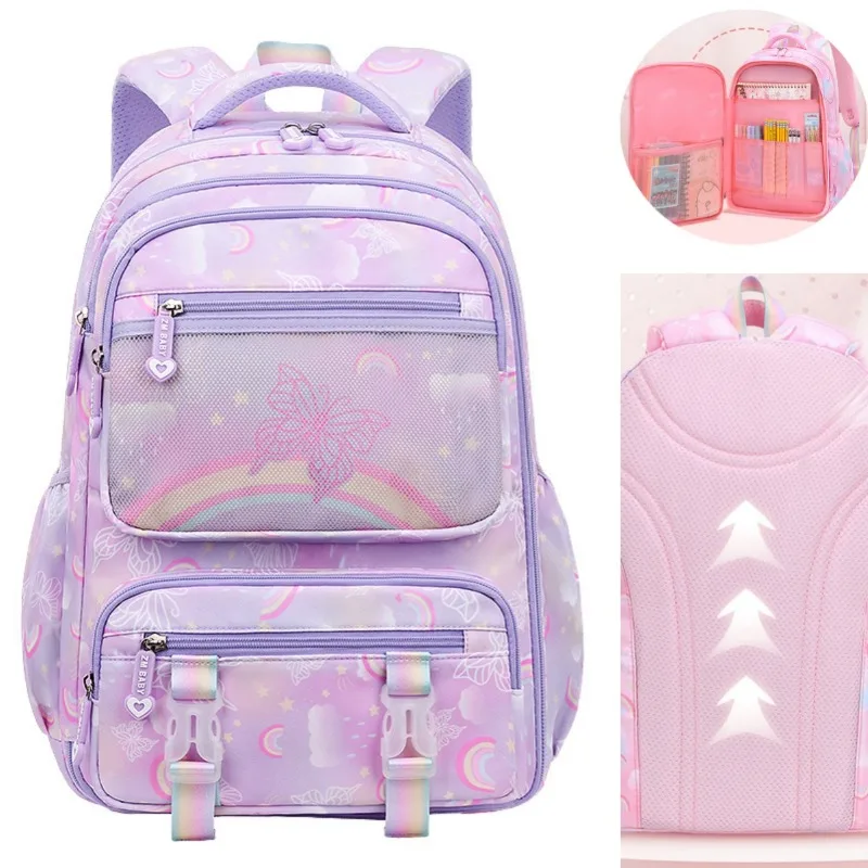 Bolsa de escuela primaria para niñas, mochila de puerta de refrigerador, impermeable, ligera, arcoíris