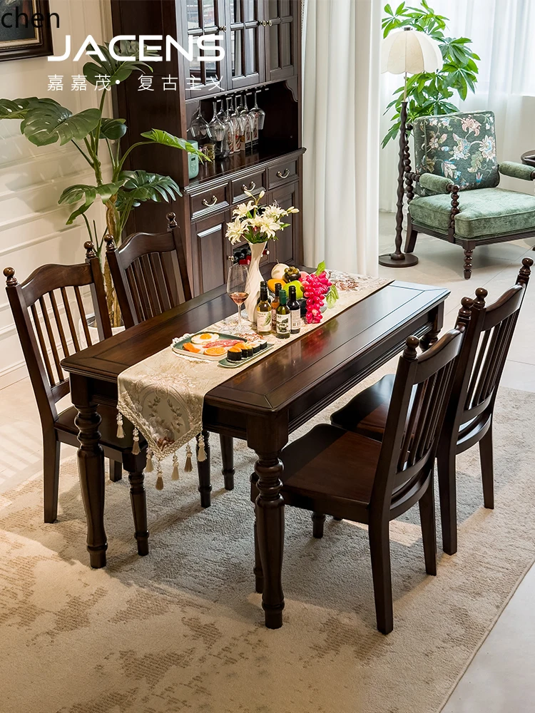 

LXC Retro Dining Room Long Table and Chairs Vintage Style One Table Six Chairs Solid Wood Dining Table Walnut Color