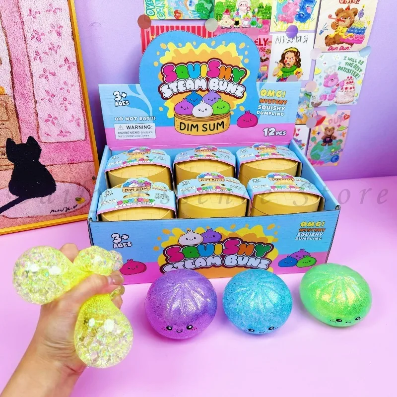 12 pcs Gold Glitter Bead 8.5CM Squishy Bun, Stretch Pull Toy, Cartoon Expression Simulated Dumpling Blind Box Decompression Toy
