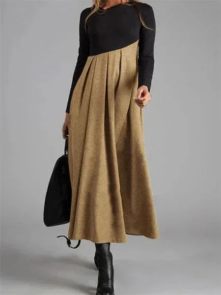 Loose Dress Women's Clothing 2023 Autumn and Winter Fashion Contrast V-neck Long Skirt Patchwork Dress Elegant Longuette Female