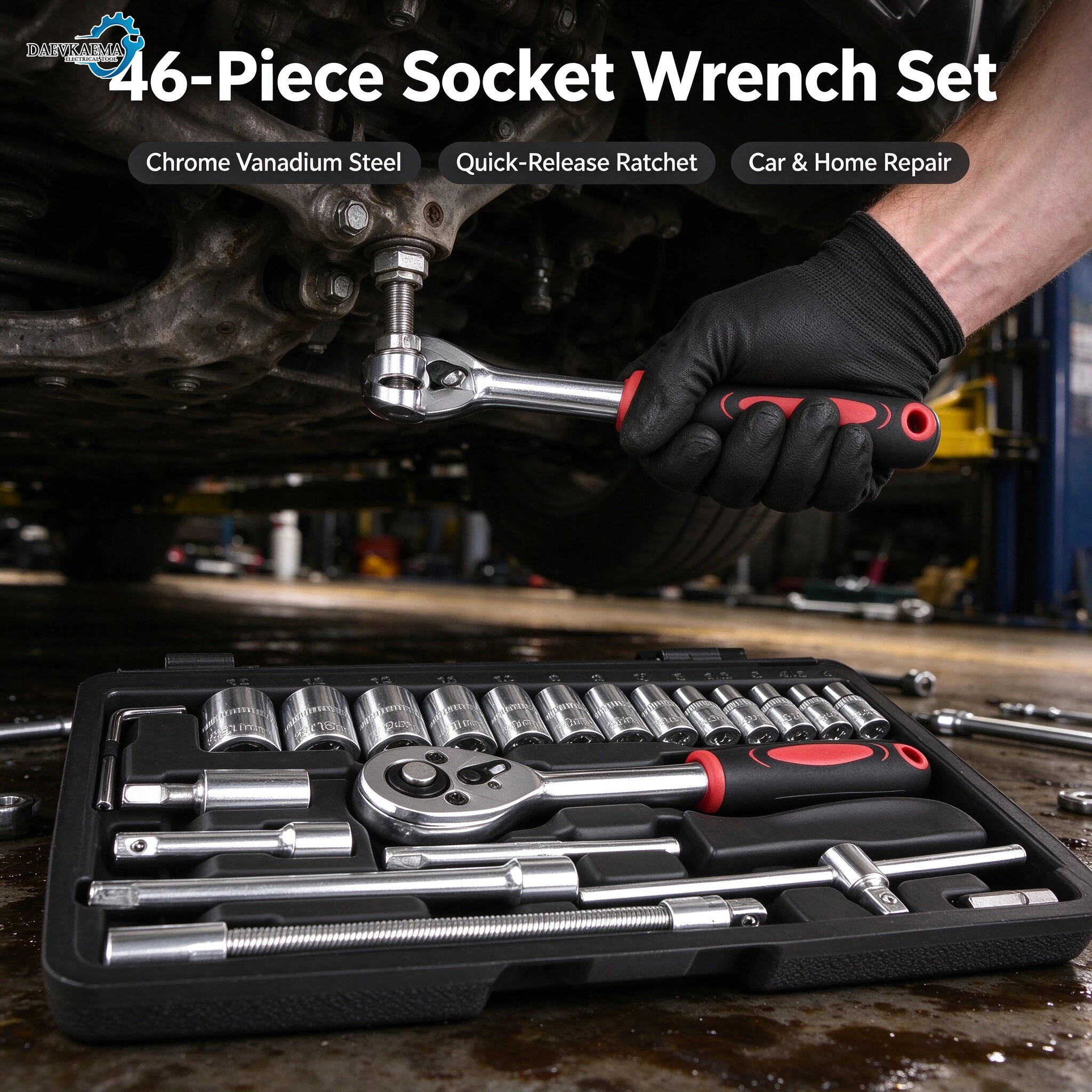 46PCS 1/4 Inch Drive Metric Socket Wrench Set, Ratchet Tool Kit for Auto Car Mechanical Repair, Portable Hand Tools