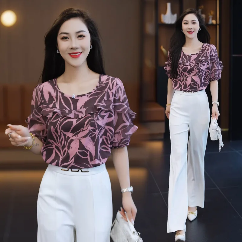 แฟชั่นผู้หญิงครึ่งแขนเสื้อชีฟอง,2025 ฤดูร้อนใหม่หลวมอเนกประสงค์บางรอบคอเสื้อ