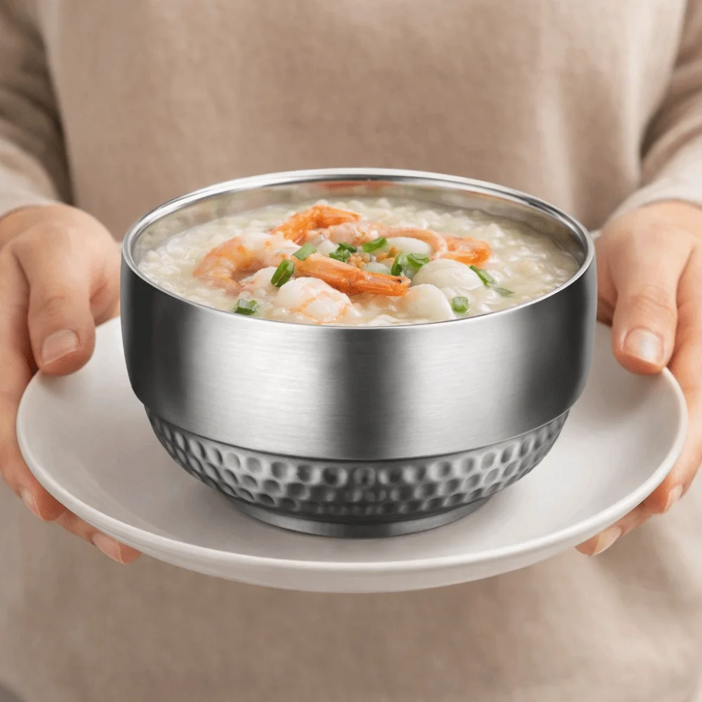 

2 Piece 304 Stainless Steel Double-layer Rice Bowl Hammered Pattern Unbreakable Insulated Bowl Scald-proof Thickened Soup Bowl
