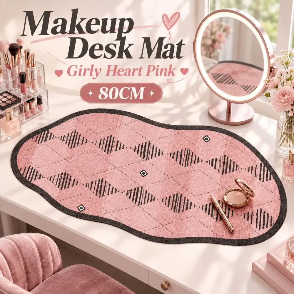 Girly Heart Makeup Desk Mat Stain-resistant Absorbent Office Desk Mat Pink 80CM Non Slip Desktop Decor Pad Vanity or Workspace