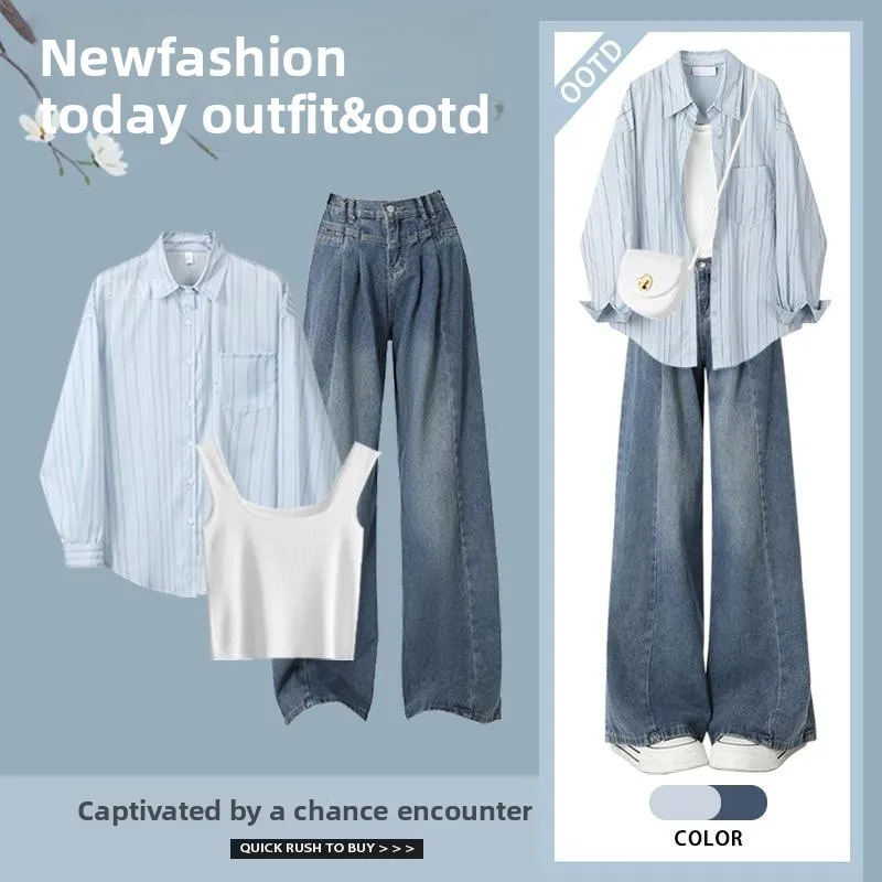 

Spring Faion Set Vintage Jeans Slimming irt Youthful Strap Top Tee Piece Ensemble Ele Sle Long Sve Collar