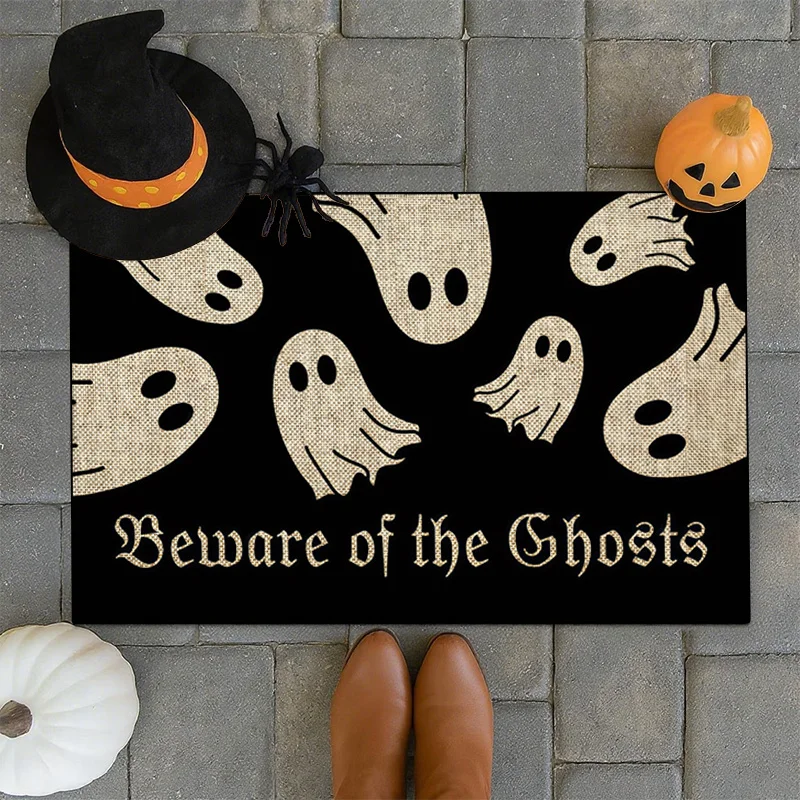 One Adorable Halloween Doormat Featuring Cute Ghosts, Perfect for Indoor Use. This Creative Entryway Mat Adds a Themed Touch t