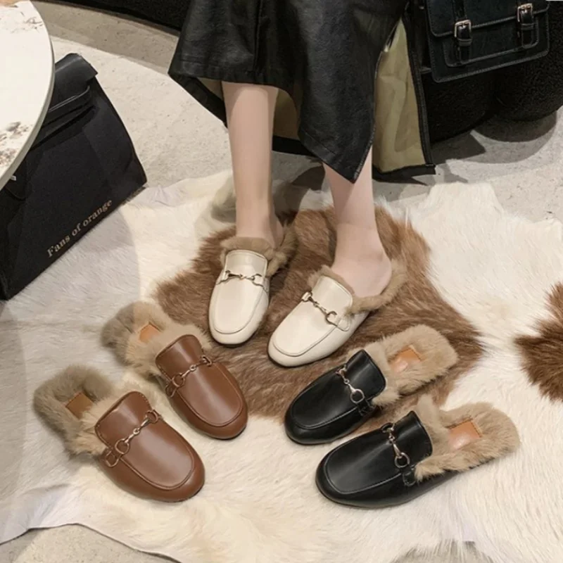 mules women\'s 2024 Winter Women warm Slippers Band Slides Non-Slip Cotton Furry Women Flip Flops chinelos sandalia plana