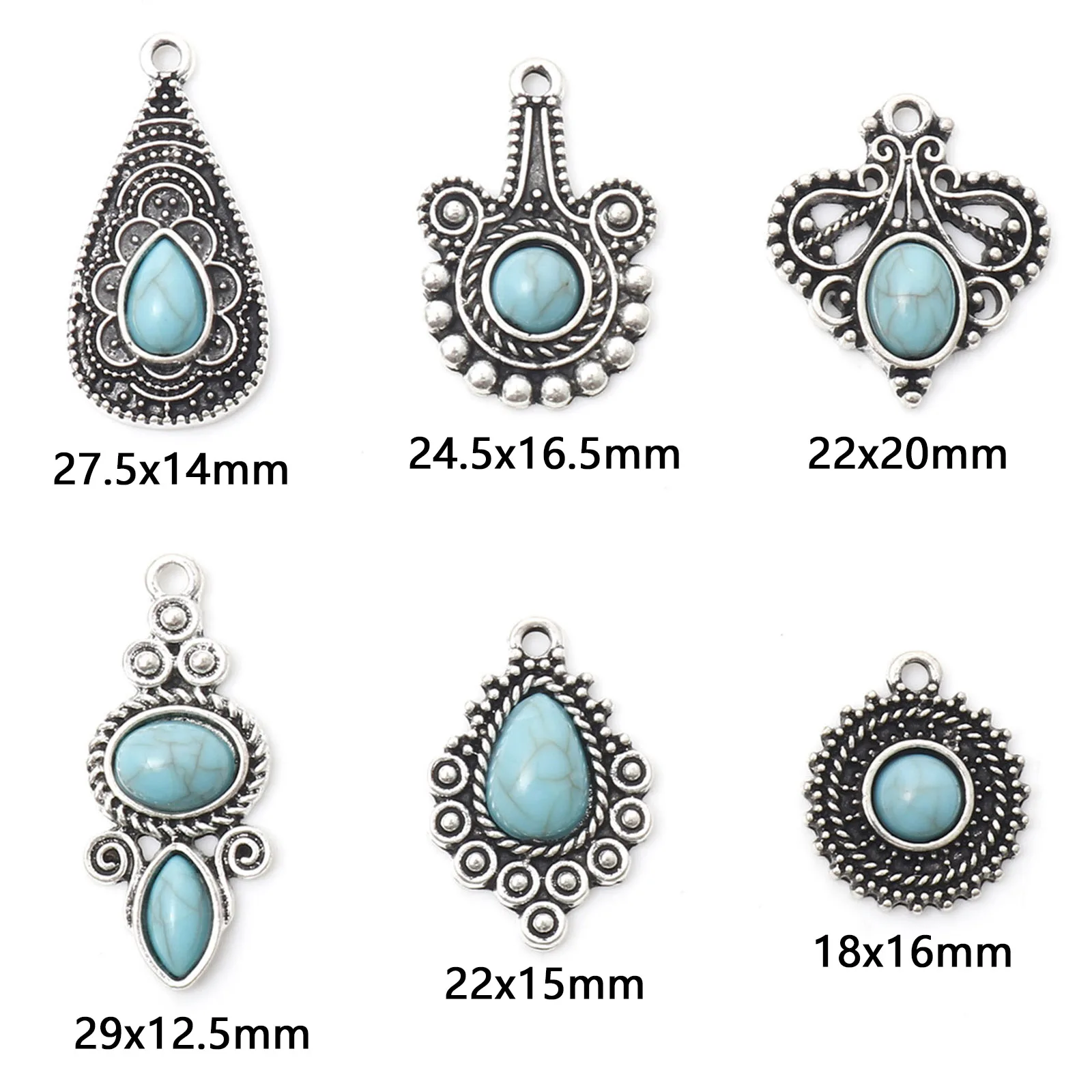 10PCs Bohemian Charms Imitation Turquoise Pendants Antique Silver Color Carved Pattern With Resin Cabochons DIY Necklace Jewelry