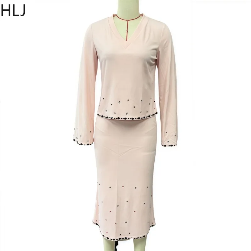Hlj elegante rosa strass retalhos 2 peça define mulher outfit mangas compridas decote em v topos + saia combinando ternos feminino escritório