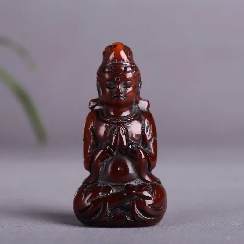Ox horn Carved Guan yin bodhisattva buddha in lotus position Statue Ornaments Craft Gift