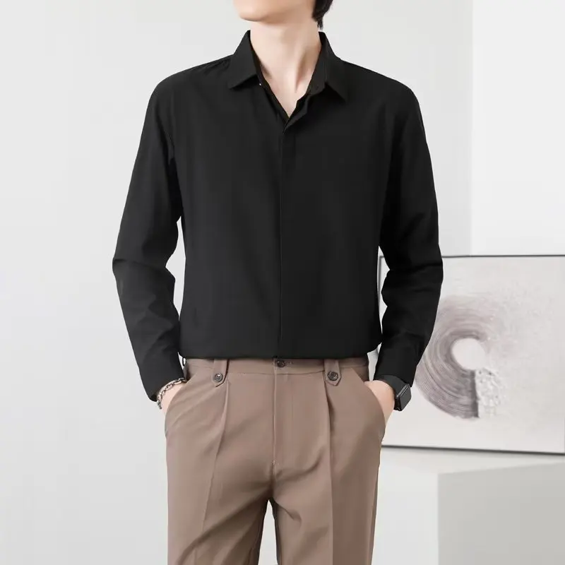 

Men's Long Sleeve Shirt Elegant Drapey Elastic Base Layer Pure Color White Button down Business Gentleman Style for All Seasons