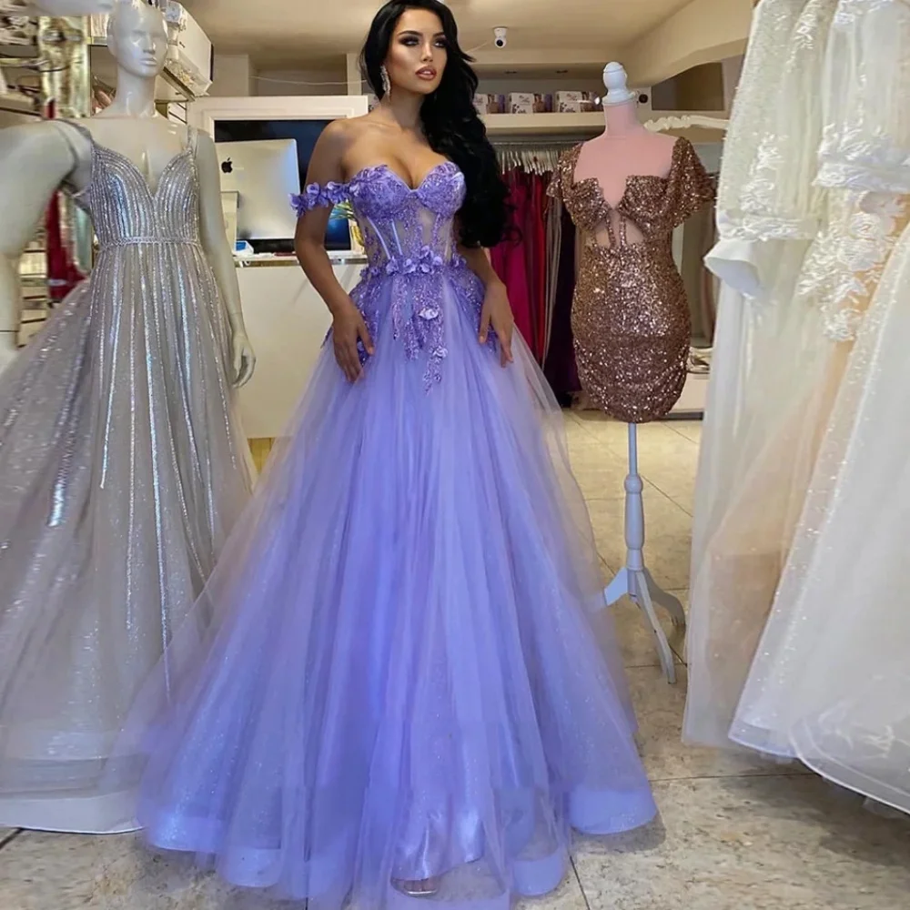 New Purple Prom Dress Sweethear Neck Sleevelss A-Line Tulle Flowers Appliques Wedding Dress For Women Fashion Evening Dresses