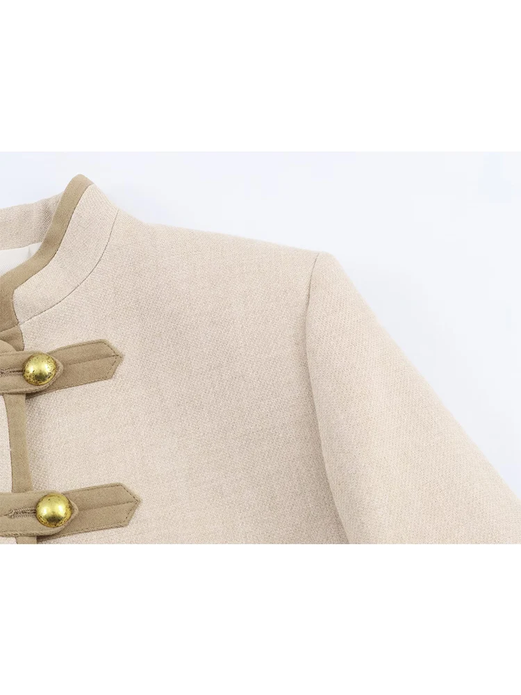 معاطف عصرية بنصف الياقة العالية للنساء أنيقة بأكمام طويلة سترة قصيرة واحدة الصدر لخريف وشتاء 2025 ملابس خارجية نسائية كلاسيكية