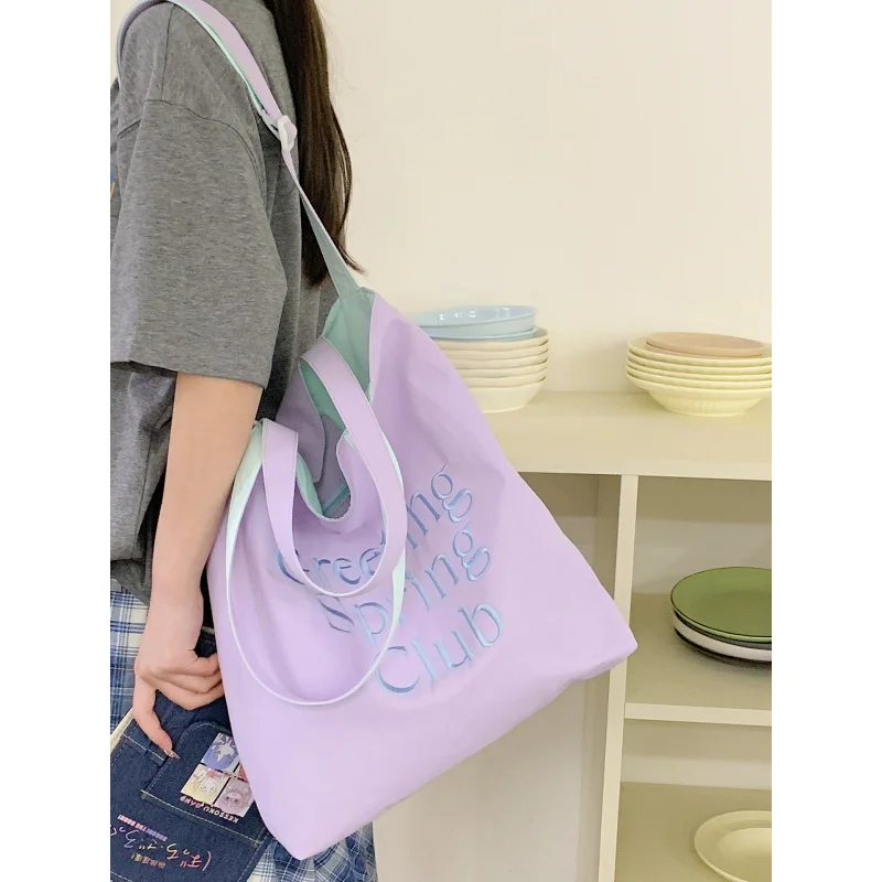 

Korean-style dopamine nylon double-sided bag, casual style, solid color, simple letter embroidery bag, student commuter bag
