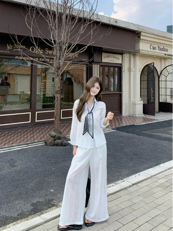 

Элегантный кружевной комплект с пэчворком: женский повседневный костюм из двух предметов с длинными рукавами, весенняя мода, высокая талия, широкие брюки, комфортная посадка