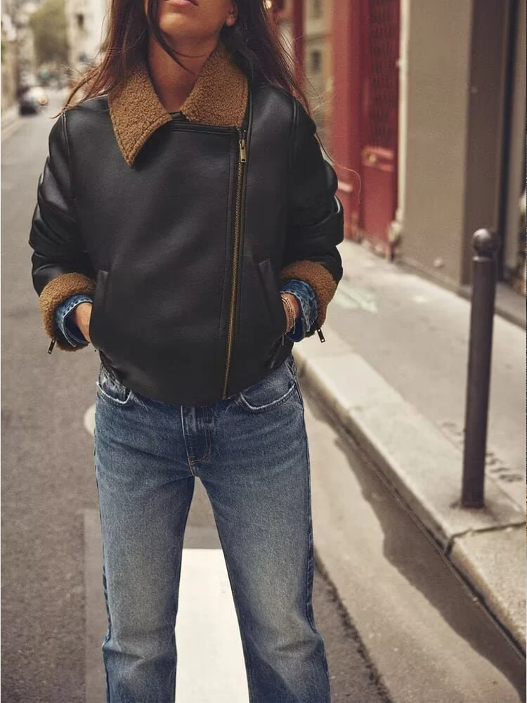 

Новая женская модная и универсальная элегантная мотоциклетная куртка на молнии с лацканами и флисовой подкладкой в европейском стиле.