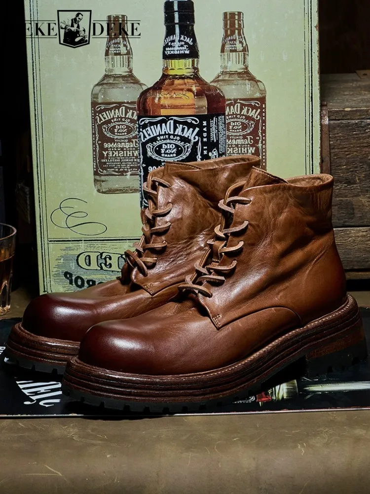 

Mens Vintage Genuine Leather Ankle Boots Lace Up Thick Bottom Motorcycle High Top Shoes British Style Horsehide Platform Boots
