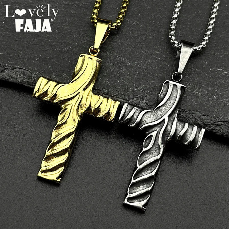 

Stainless Steel Jesus Christian Crease Cross Pendant Necklace for Women Men Gold Color Hip Hop Chain Necklaces Amulet Jewery