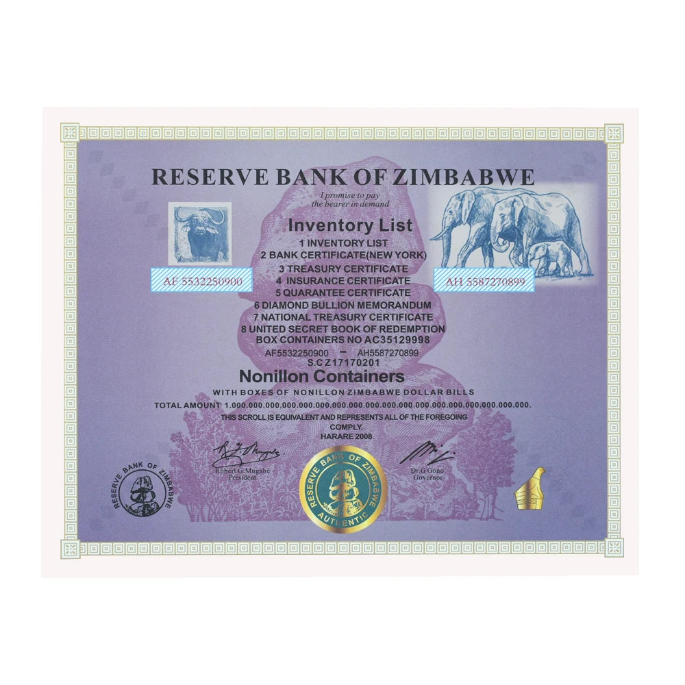 New Large Zimbabwe Certificate Top Nonillon Containers Zimbabwe Dollar Bills Paper Money Banknote with Fluorescent with Box