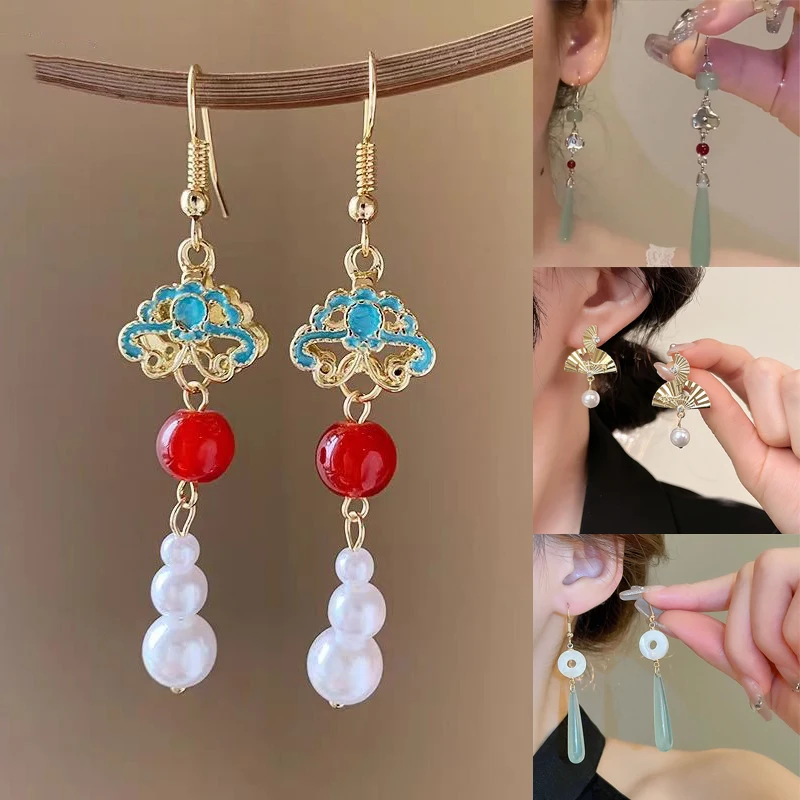 Retro Hollow Out Lotus Jade Ancient Earrings Chinese Style Earrings Women Ear Drop Ear Accessories