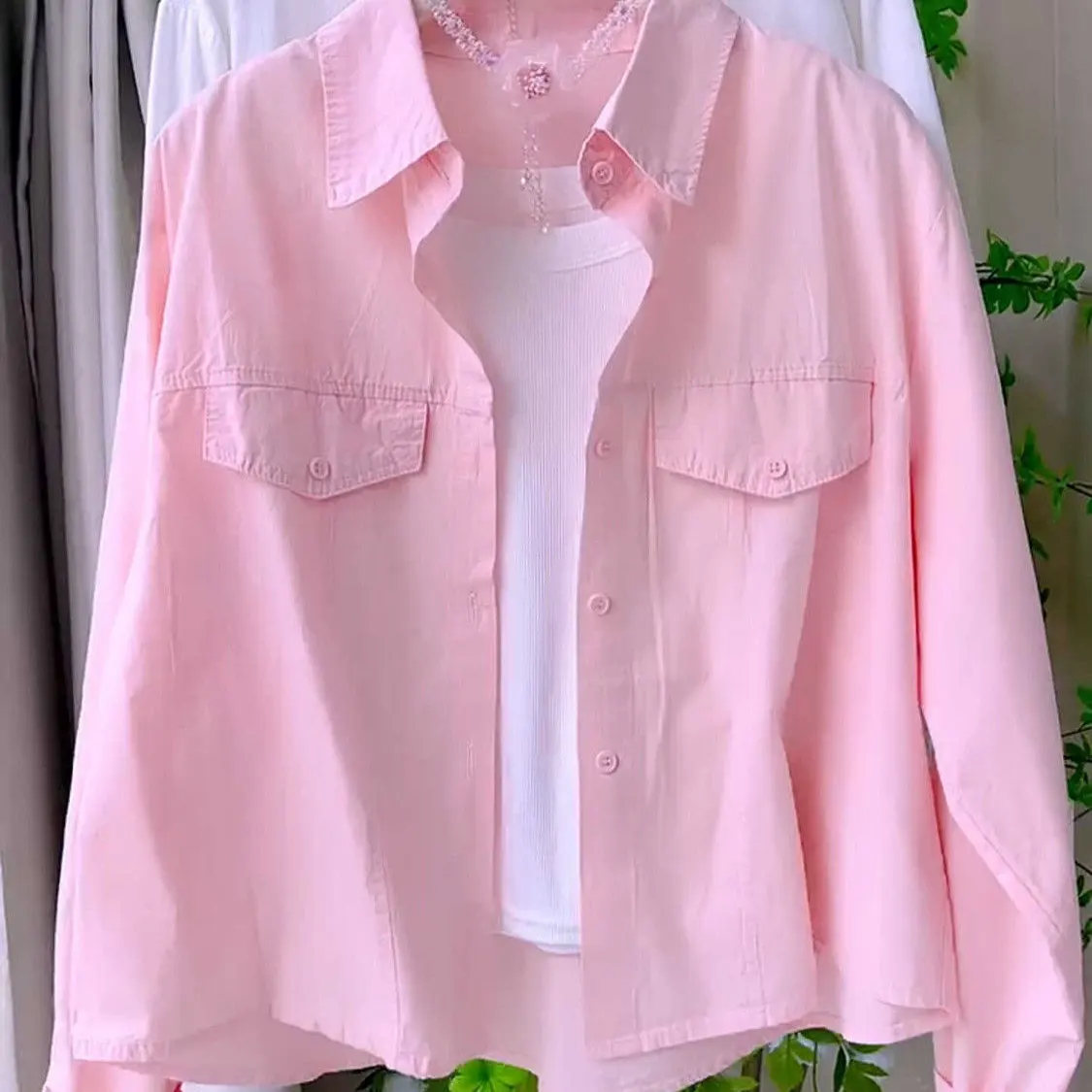 Sweet Pink Long Sleeve Pure Cotton Shirt Women's Casual Short Style Collar Cardigan Coat Korean Loose Fit Button Detail