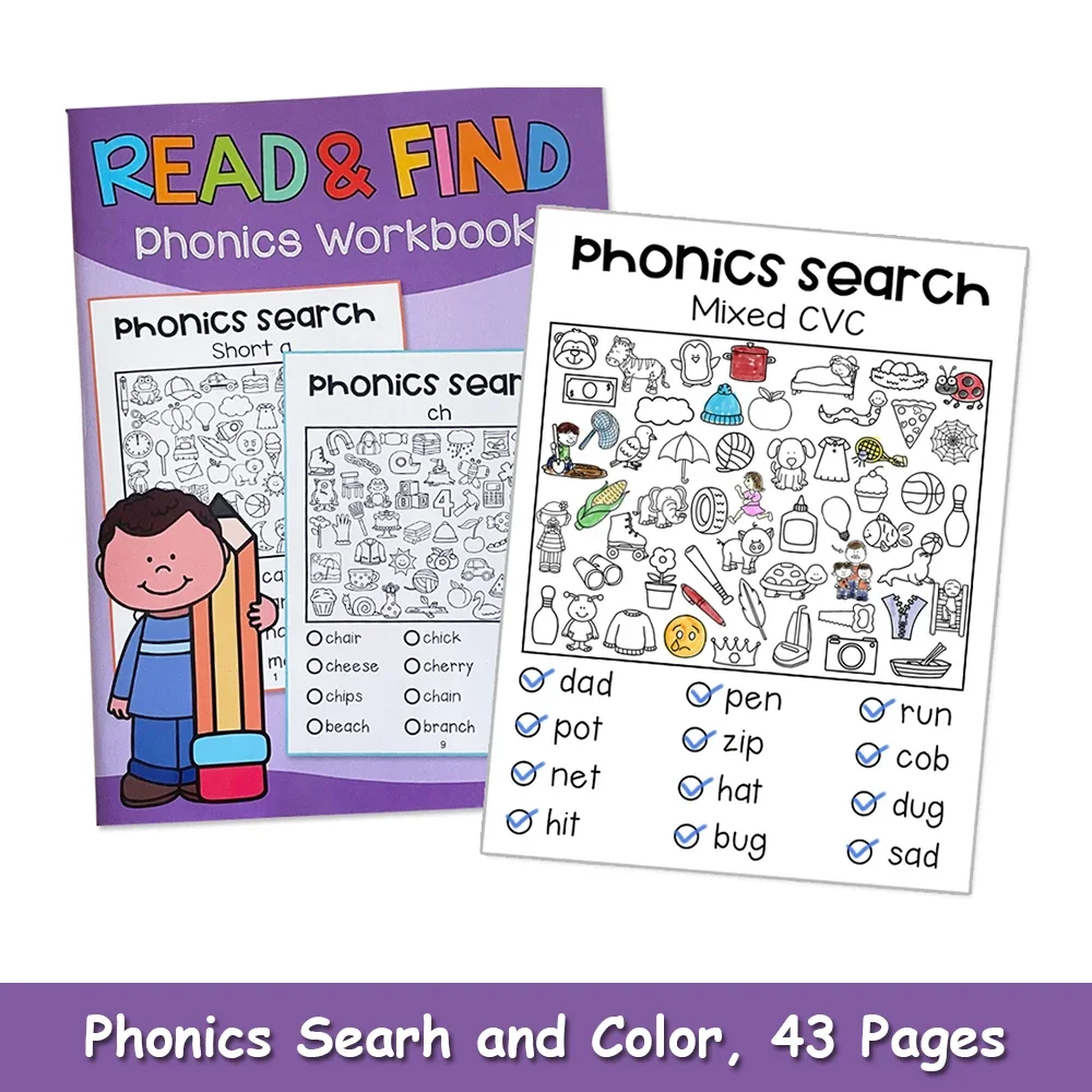 Libro de trabajo de lectura y encontrar fonética, libro de trabajo para preescolar, jardín de infantes, aprendizaje de inglés, material didáctico para profesores, aprender a leer Montessori