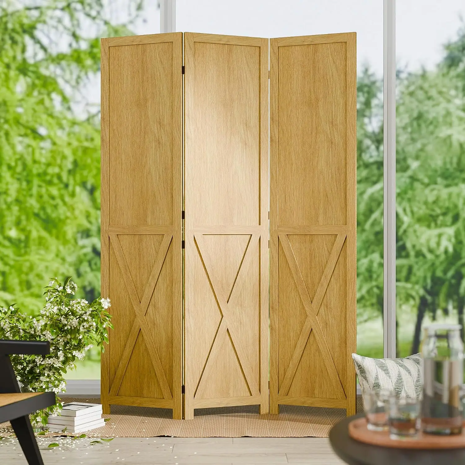 3 Panel Wood Privacy Screen, 66.9 Inch Freestanding Room Divider, Folding Wall Separator, Barnwood Room Partition, Decorative Temporary Wall, Natural