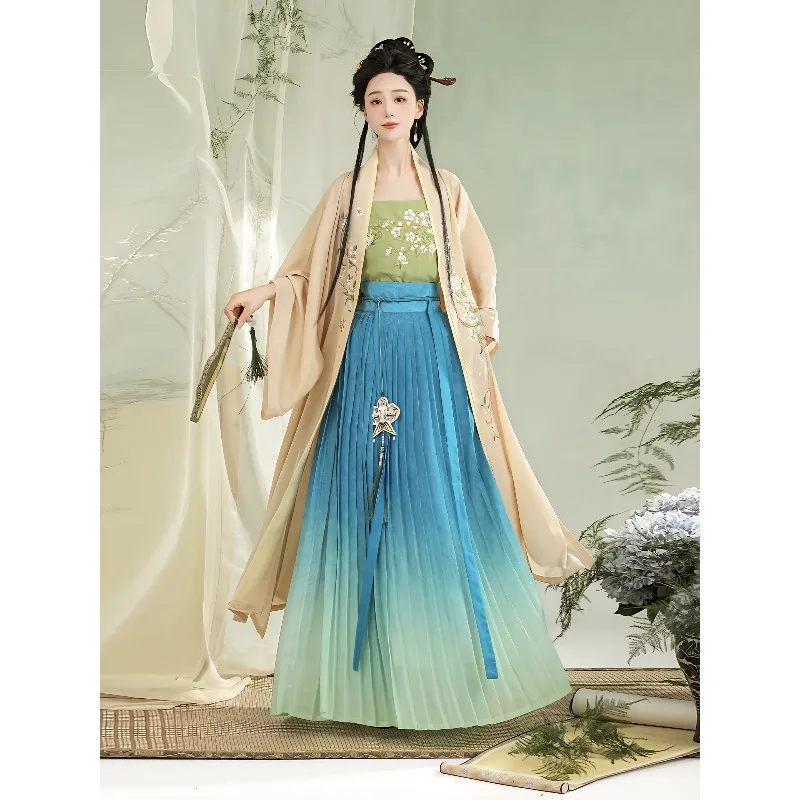 

Women Ming Dynasty Hanfu New Embroidery Cross Front Top One Piece Pleated Skirt Spring Summer Daily Set
