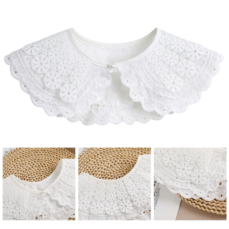 Hollow Floral Embroidery False Shirt Collar Triple Layer Wavy Brim Fashionable Decorative Collar Sweet Detachable Collar