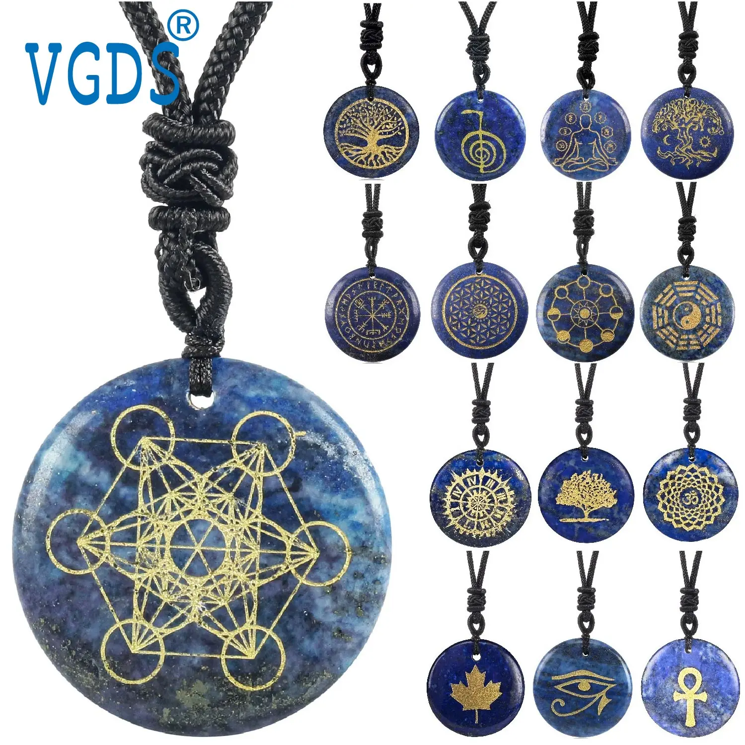 VGDS Natural Stone Reiki Chakra Metatron Cube Yoga Healing Rune Symbol Lapis Lazuli Pendant Lucky Necklace Jewelry For Men Women