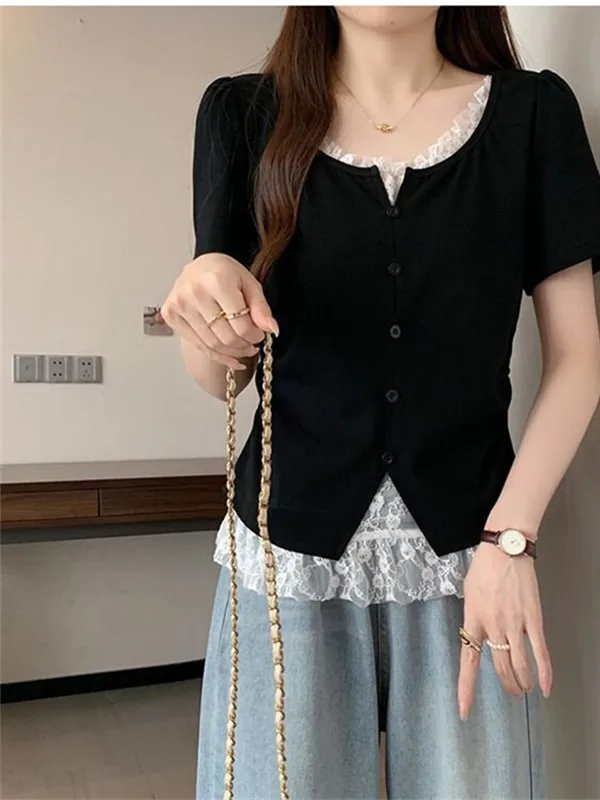 Elegant Lace Short Sleeve T-Shirt Women's Summer plus Size Slimming Waist Cinched Top Pure Cotton Breathable Comfortable