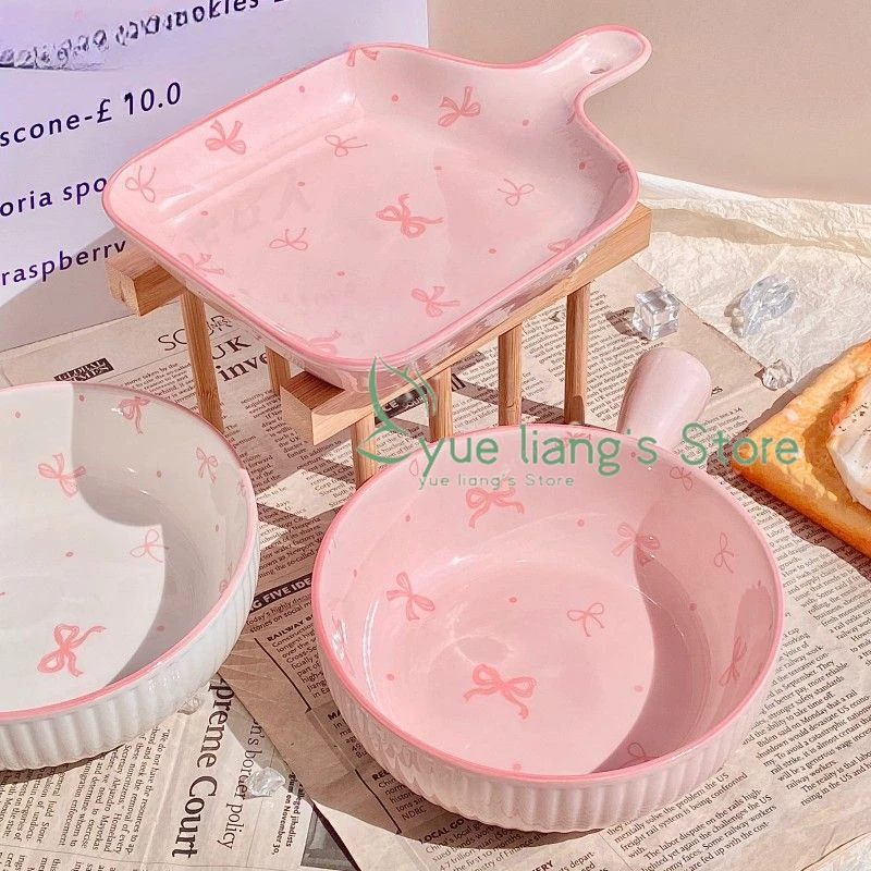 Pink Bow Ceramic Cutlery Set, Dessert Home Tableware Ceramic Handle Bowl Yogurt Cup High Value Breakfast Plate Drinkware