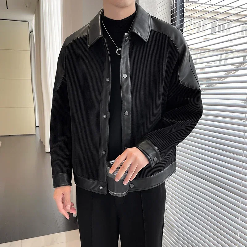 Streetwear Fashion Men's Black PU Leather Patchwork Corduroy Jackets for Men Casual Turn Down Collar Male Overcoat Y2k Clothes