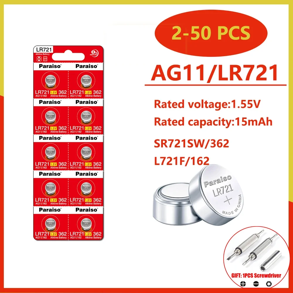 

New High-Capacity AG11 LR721 1.55V Button Coin Cell SR721SW 362 361 162 Watch Battery 0%Hg Mercury Free for Watch Toys Remote
