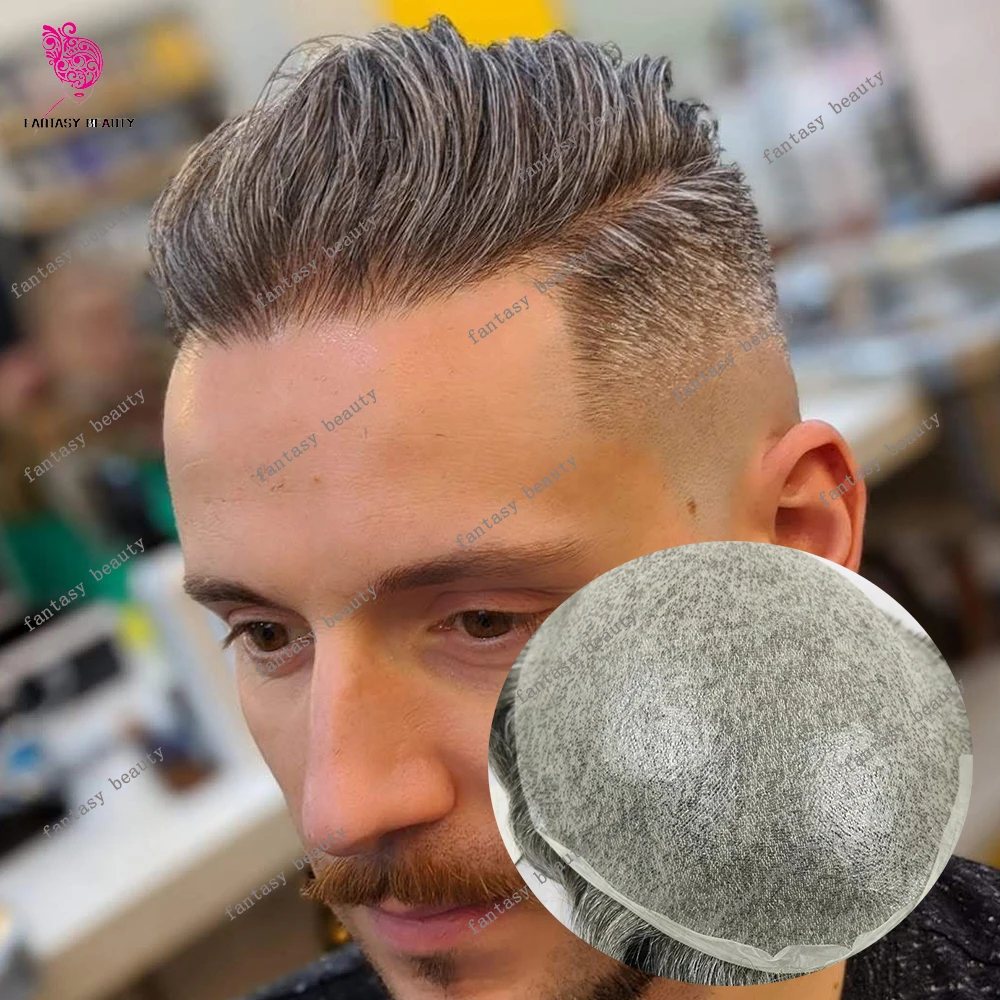 

Natural Hairline 0.02mm Super Thin Skin 80Density Invisible Men Toupee Light Brown Grey 1B65 #540 Human Hair Capillary Prosthesi