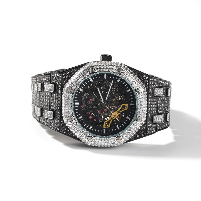 الهيب هوب بلينغ مثلج خارج الفولاذ المقاوم للصدأ مضيئة ساعة تاريخ كوارتز المعصم مقاوم للماء ساعات للرجال مغني الراب المجوهرات هدية
