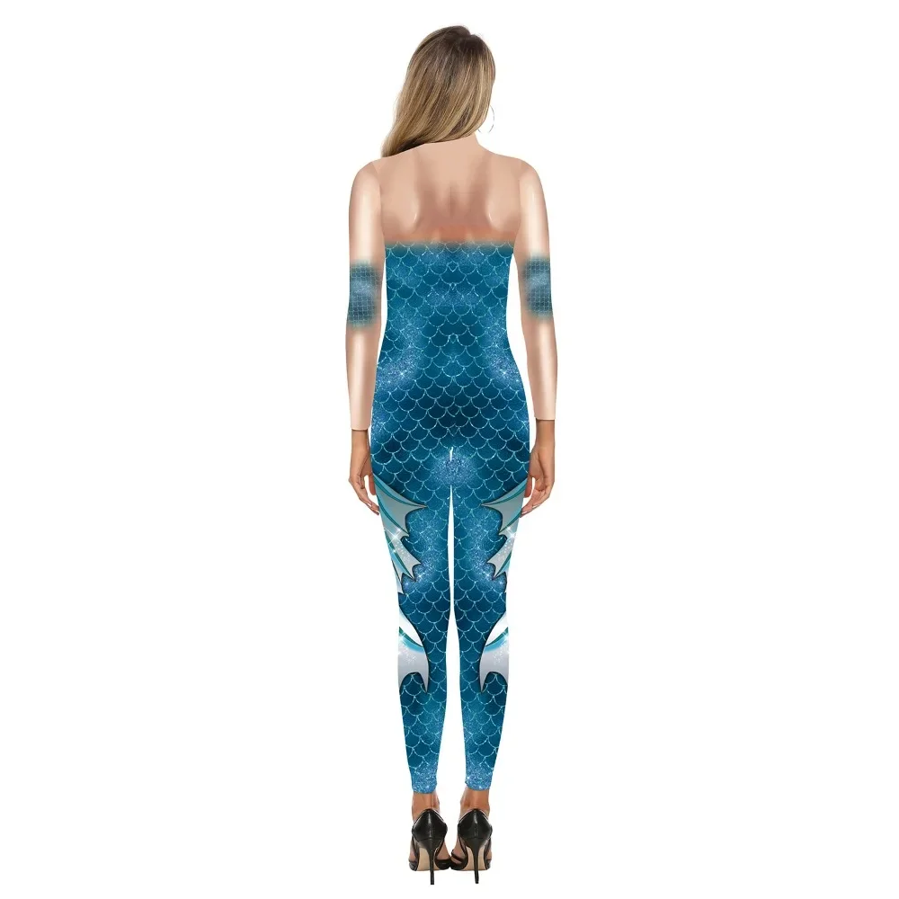 Bodysuit Cosplay Zentai para mulheres, sereia sexy, escamas de peixe impressas, macacão fino, fantasias de performance, roupas extravagantes, adulto