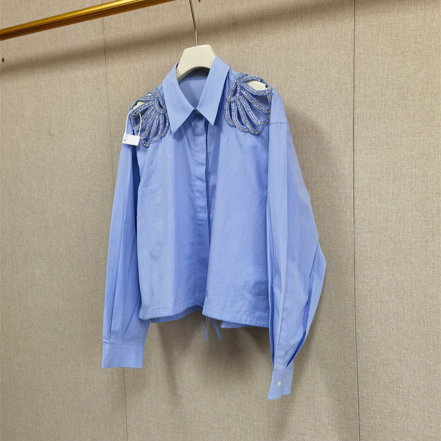 High Street Shirts Tops Women's Spring Shoulder Hollowed Out Rhinestone Blue Drawstring Waist Cinched Lapel Long Sleeved Shirt