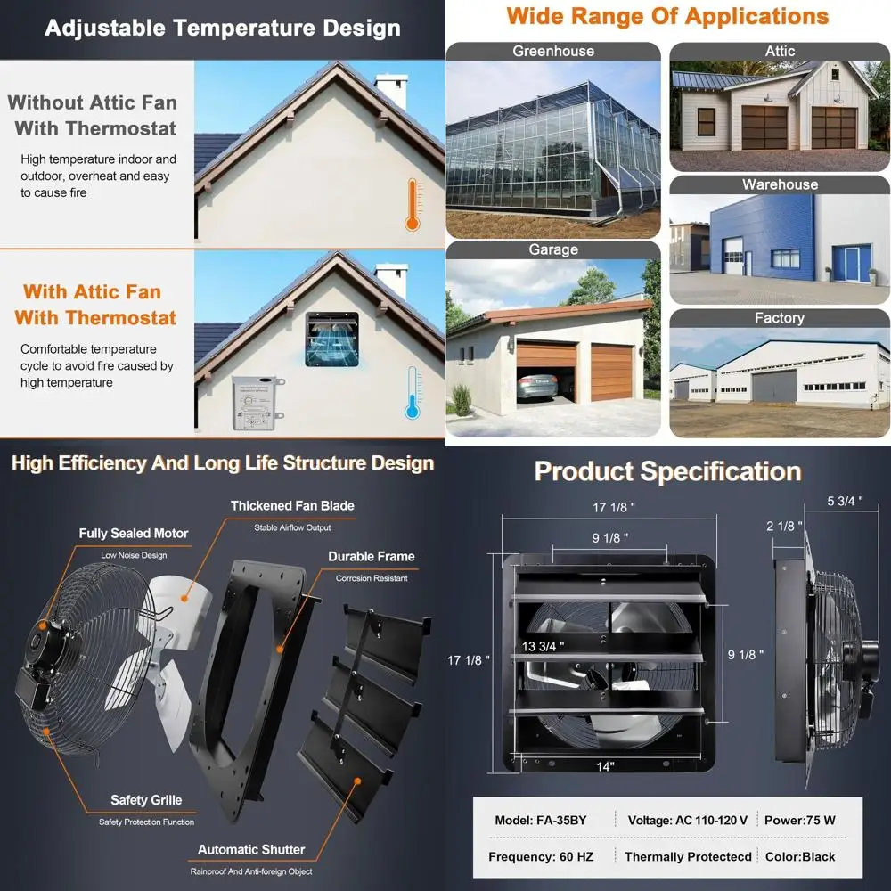 

14 Wall-Mounted Shutter Exhaust Fan with Speed Control, Adjustable Temp Thermostat, Fire-Safe Fuse, 60Hz, 75W Copper Motor