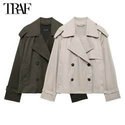 TRAF Cropped Bomber Jackets for Women Double Breasted Windbreaker Woman Long Sleeve Women's Coats Autumn Outerwears Jacket Women