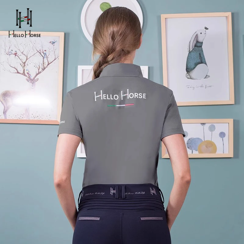 Hello Horse Kaus Polo Pelindung Matahari Lengan Pendek Olahraga Berkuda Kaus Berkuda Penyerap Kelembapan dan Cepat Kering Pakaian Berkuda Musim Panas Atasan Peralatan Ksatria